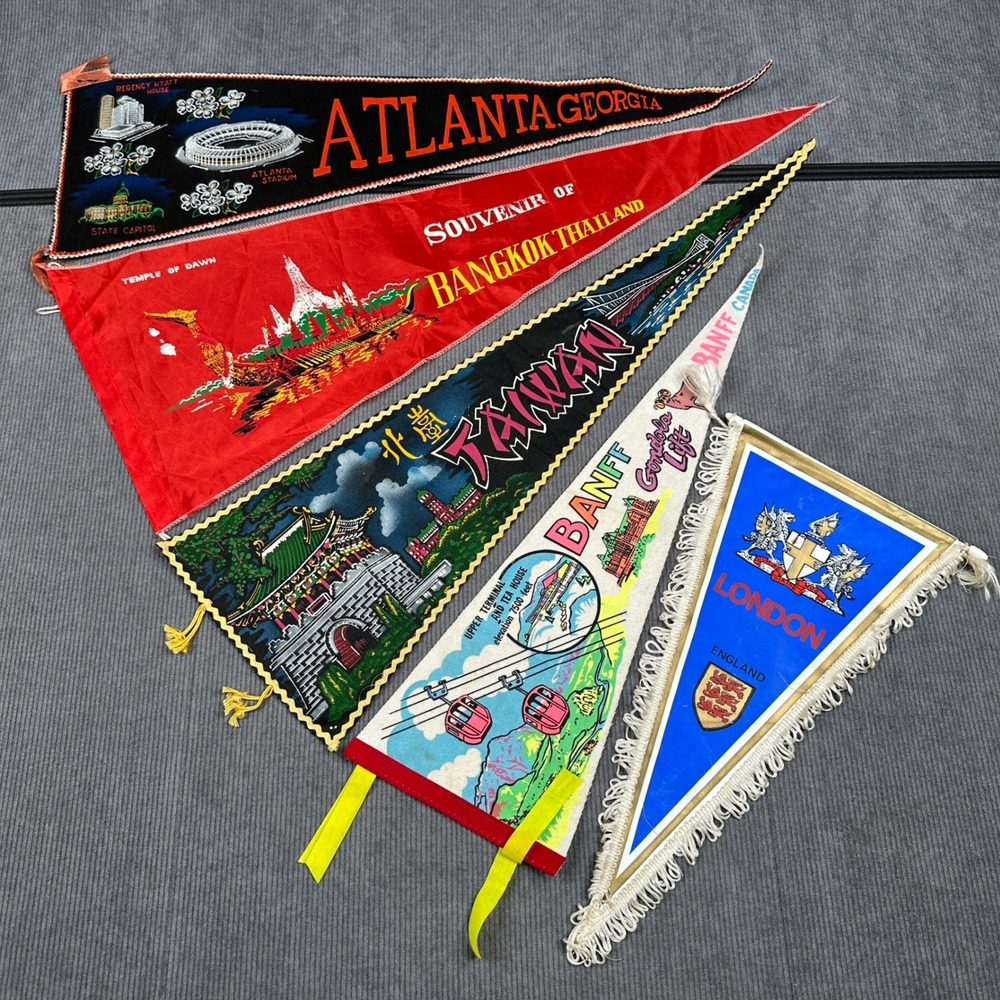Vintage Travel Souvenir Pennant Lot Atlanta Bangkok Taiwan Banff London 5pc
